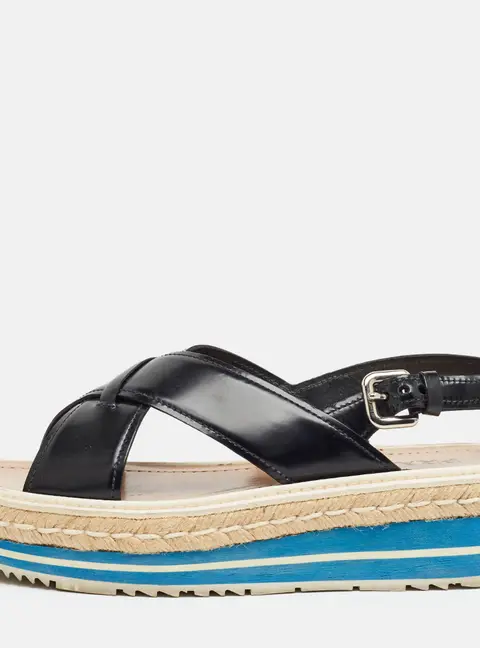 Prada Size 39 Black Leather Crisscross Platform Slingback Espadrille Sandals