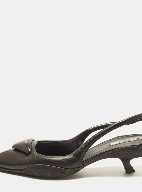 Prada Size 41 Black Leather Triangle Logo Slingback Pumps