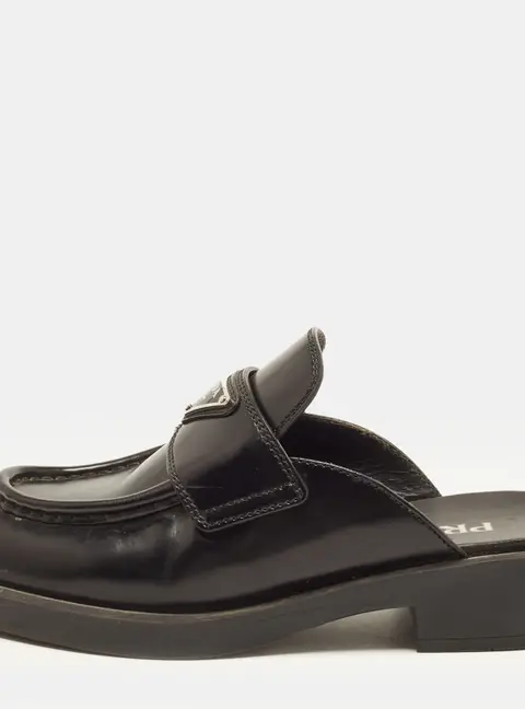 Prada Size 36 Black Leather Triangle Logo Loafers Mules