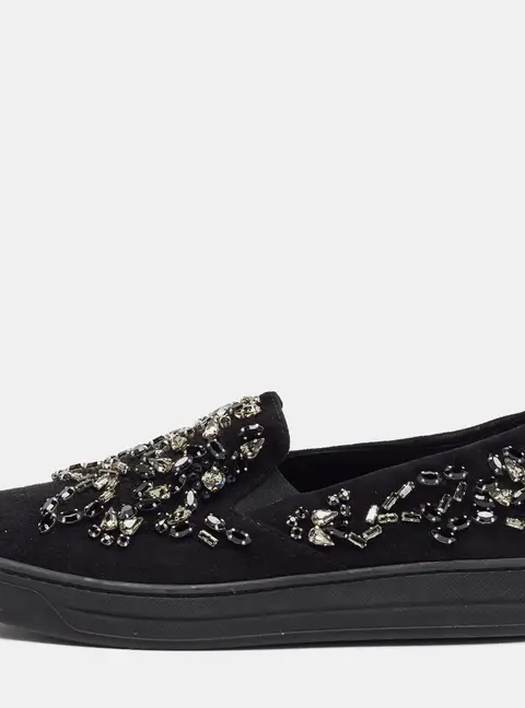 Prada Size 36.5 Black Suede Crystal Embellished Slip On Sneakers