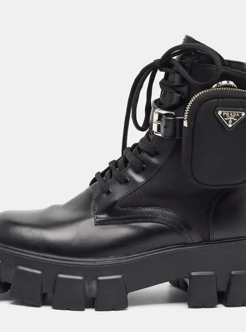 Prada Monolith Size 39.5 Black Leather and Nylon Combat Boots