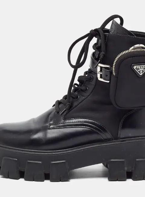 Prada Monolith Size 39 Black Leather and Nylon Combat Boots