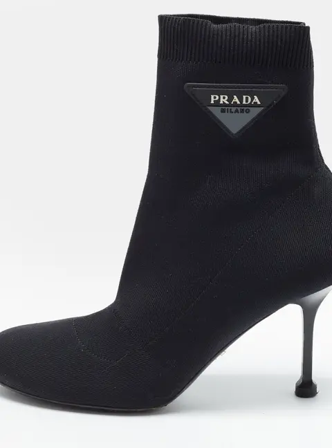 Prada Size 40.5 Black Knit Fabric Logo Sock Ankle Length Boots