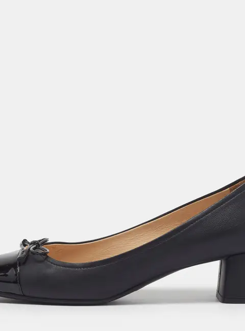 Prada Size 36.5 Black Leather and Patent Leather Bow Block Heel Pumps