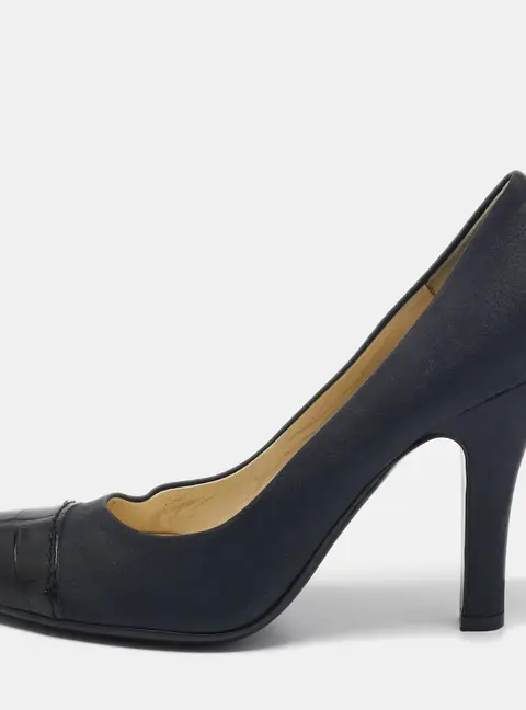 Prada Dark Grey/Black Satin and Croc Embossed Leather Cap Toe Pumps Size 37