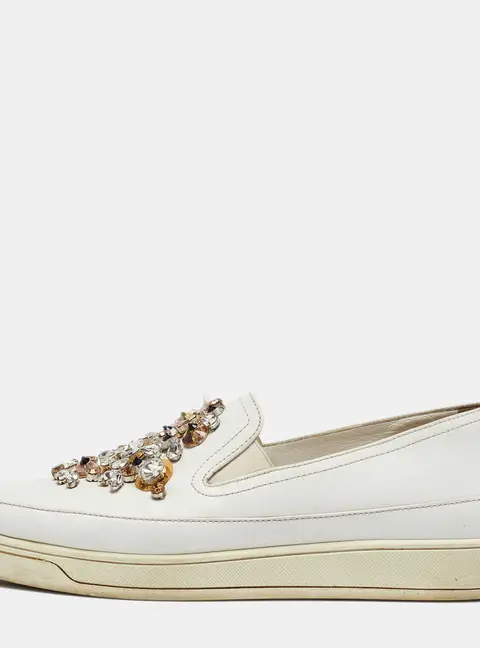 Prada White Leather Crystal Embellished Slip On Sneakers Size 36.5