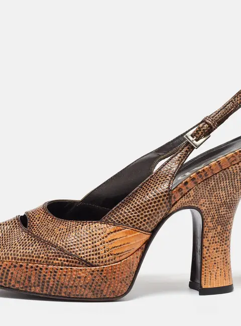 Prada Beige/Black Lizard Ankle Strap Peep Toe Sandals Size 36