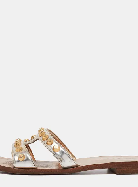 Prada Silver Leather Studded Flat Slides Size 36.5