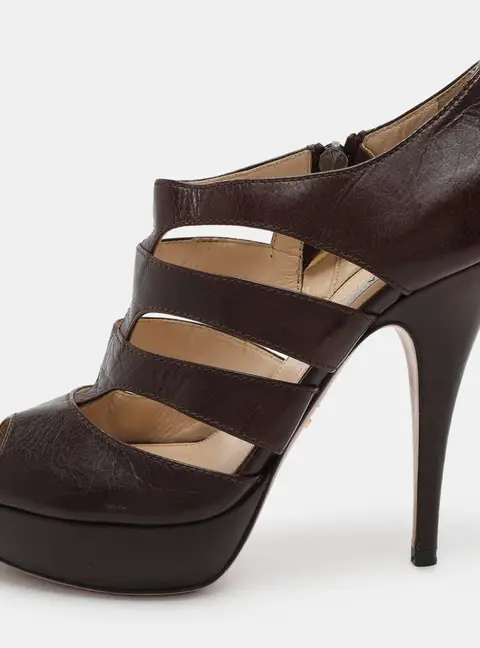 Prada Brown Leather Caged Booties Size 38