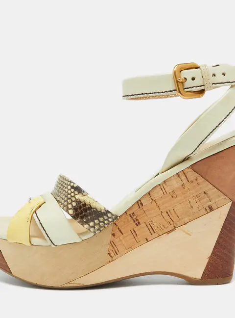 Prada Size 39 Cream Leather, Patent Leather and Snakeskin Leather Wedge Sandals