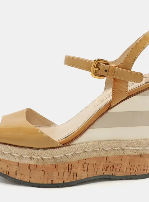 Prada Beige Patent Leather Wedge Espadrille Sandals Size 39.5
