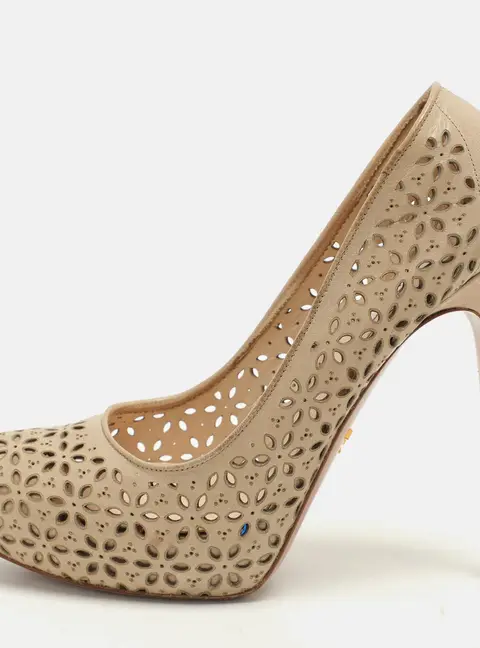Prada Beige Lasercut Leather Platform Pumps Size 37.5