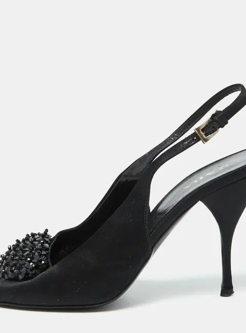 Prada Black Satin Beaded Accents Slingback Pumps Size 39.5