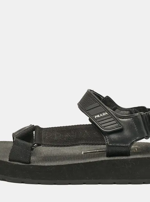 Prada Black Leather and Canvas Tape Strap Flat Sandals Size 38