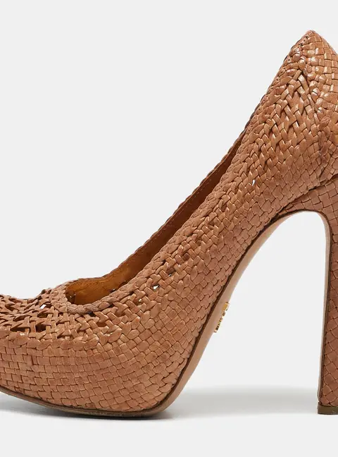 Prada Brown Woven Leather Madras Platform Pumps Size 37.5