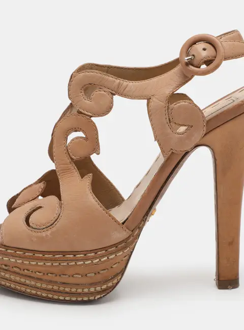 Prada Light Brown Leather Cut Out Platform Ankle Strap Sandals Size 36