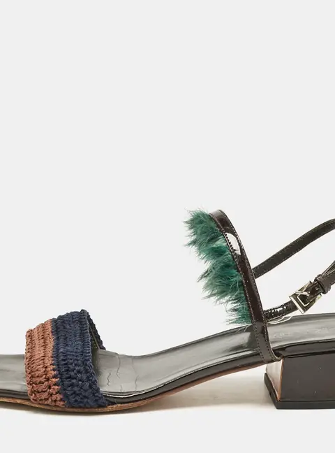 Prada Size 37.5 Multicolor Crochet, Feather and Patent Leather Ankle Strap Sandals