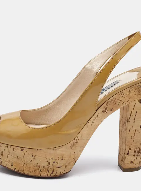 Prada Beige Patent Leather Open Toe Cork Platform Slingback Sandals Size 36.5