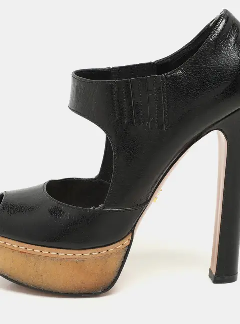 Prada Black Crackled Leather Mary Jane Platform Pumps Size 36.5