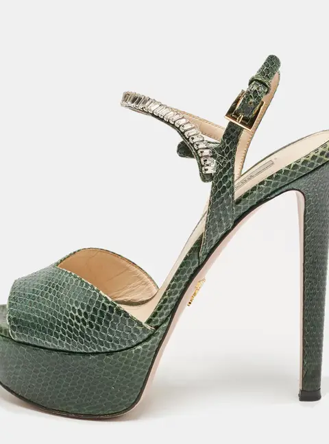 Prada Green Snakeskin Crystals Embellished Ankle Strap Sandals Size 36