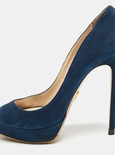 Prada Blue Suede Peep Toe Platform Pumps Size 37.5