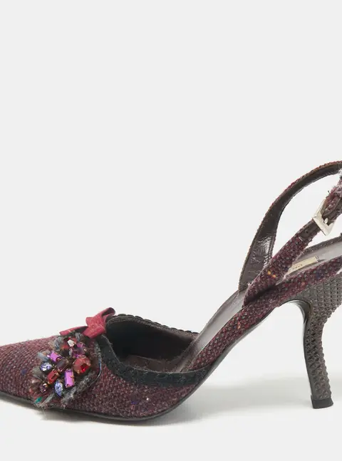 Prada Burgundy Tweed Crystal Embellished Slingback Pumps Size 38