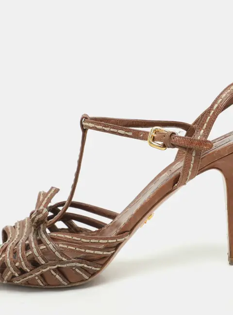 Prada Brown Leather Strappy Slingback Sandals Size 39.5
