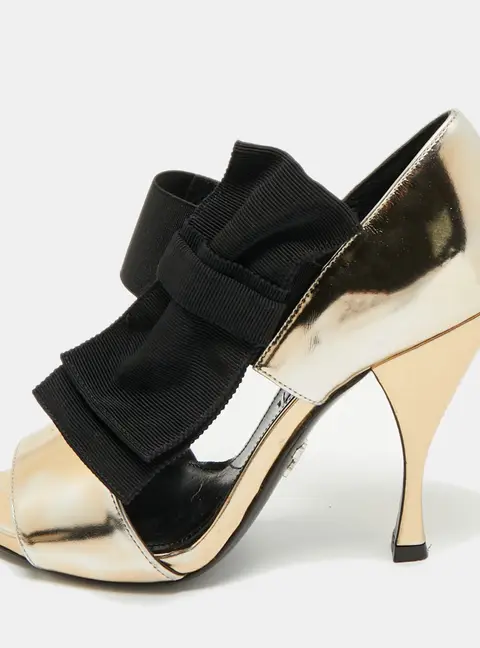 Prada Gold/Black Leather and Grosgrain Bow Ankle Strap Sandals Size 36.5