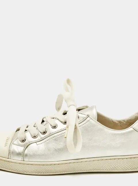 Prada Silver/White  Leather and Rubber Cap Toe Lace Up Sneakers Size 37.5