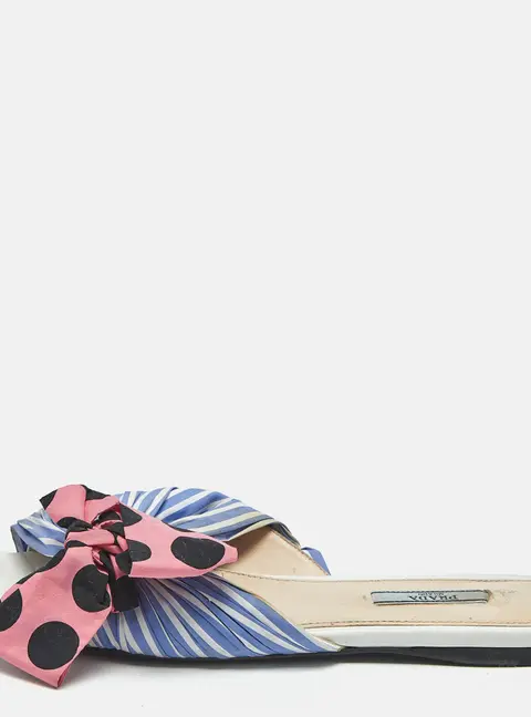 Prada Blue/Pink Fabric Stripe Printed And Polka Dot Bow Detail Slide Sandals Size 41
