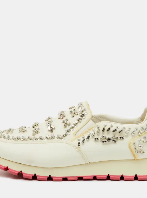 Prada White Canvas Crystal Embellished Slip On Sneakers Size 38.5