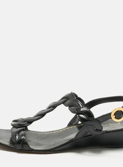 Prada Black Patent Leather Wedge Ankle Strap Sandals Size 37