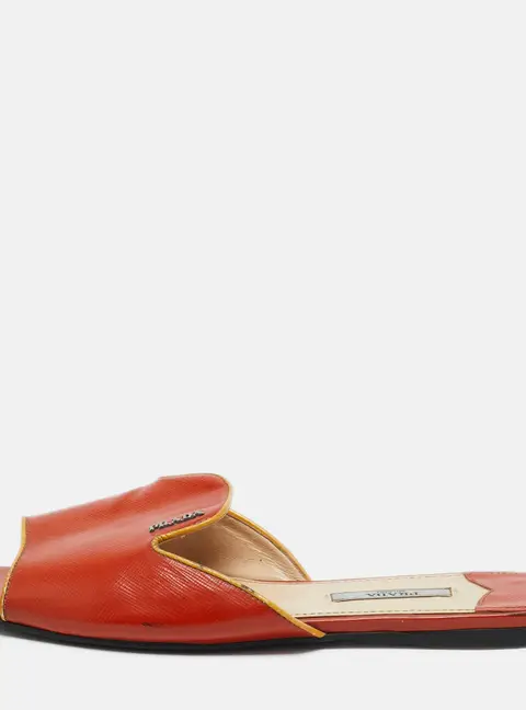 Prada Orange Patent Leather Saffiano Flat Slide Size 37