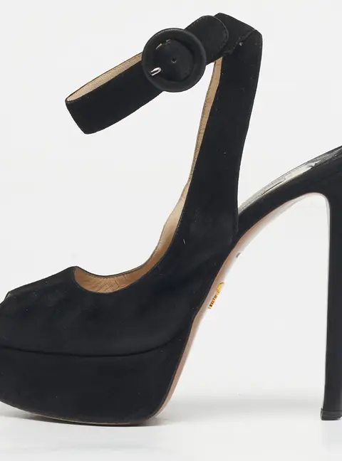 Prada Black Suede Peep Toe Ankle Strap Pumps Size 38