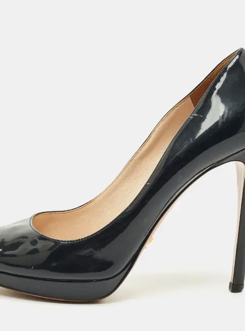 Prada Navy Blue Patent Leather Peep Toe Pumps Size 39.5