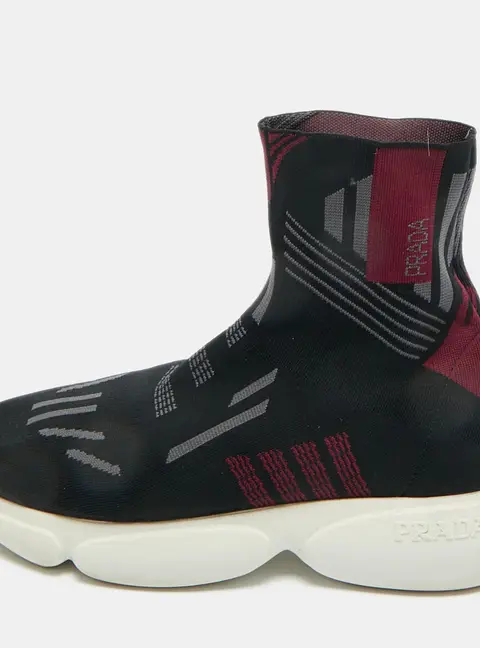 Prada Black/Burgundy Knit Fabric Sock Runner High Top Sneakers Size 36.5