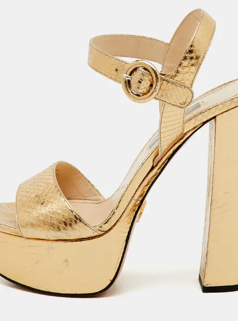 Prada Metallic Gold Python Embossed Leather Ankle Strap Platform Sandals Size 36.5