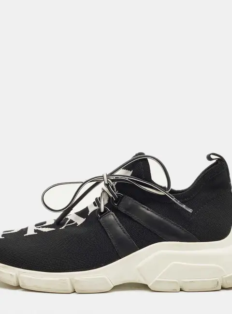 Prada Black Knit Fabric and Leather Lace Up Sneakers Size 35