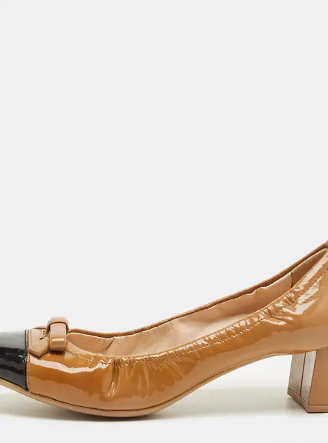 Prada Brown/Black Patent Leather Cap Toe Bow Block Heel Pumps Size 36