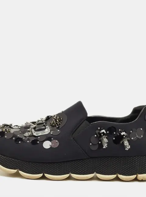 Prada Navy Blue Neoprene Crystal Embellish Slip On Sneakers Size 37