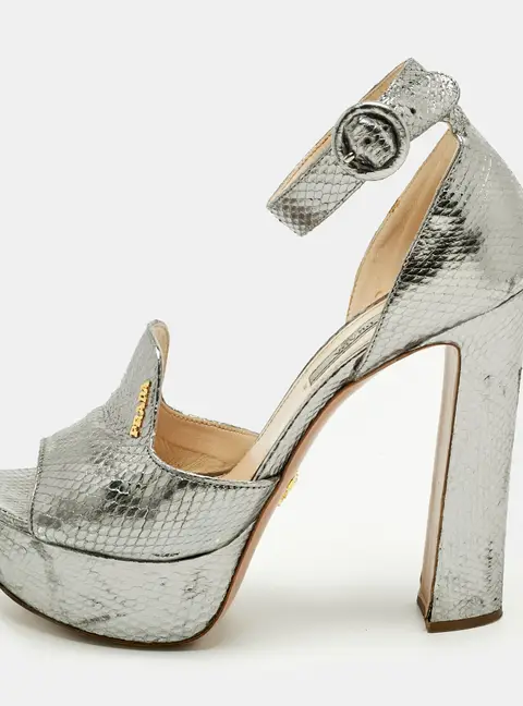 Prada Metallic Silver Python Embossed Leather Ankle Strap Platform Sandals Size 38.5