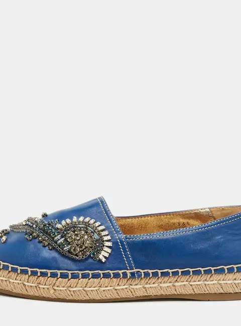 Prada Blue Leather Crystal Embellished Espadrille Flats Size 36.5