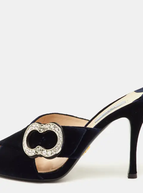 Prada Size 40.5 Navy Blue Velvet Crystal Embellished Slide Sandals