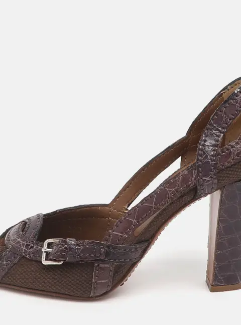 Prada Size 36 Purple Canvas and Croc Embossed Leather Peep Toe Pumps