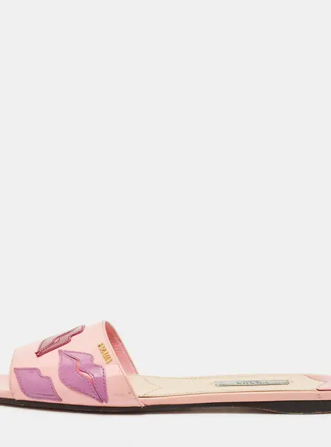 Prada Motif Size 37.5 Pink Patent Leather Flat Sandals