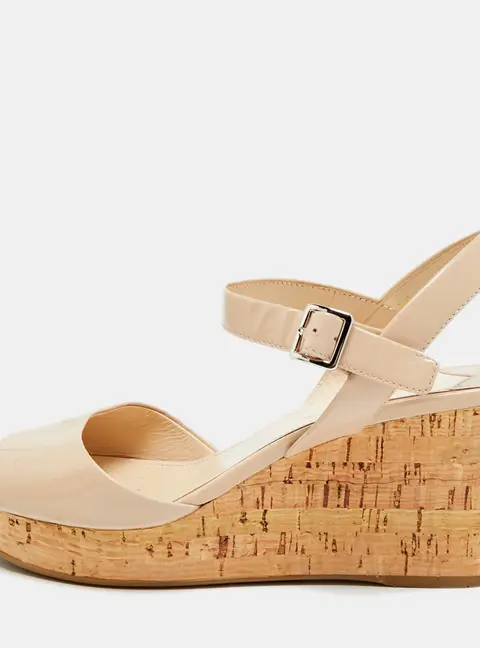 Prada Size 39 Beige Patent Leather Cork Wedge Sandals