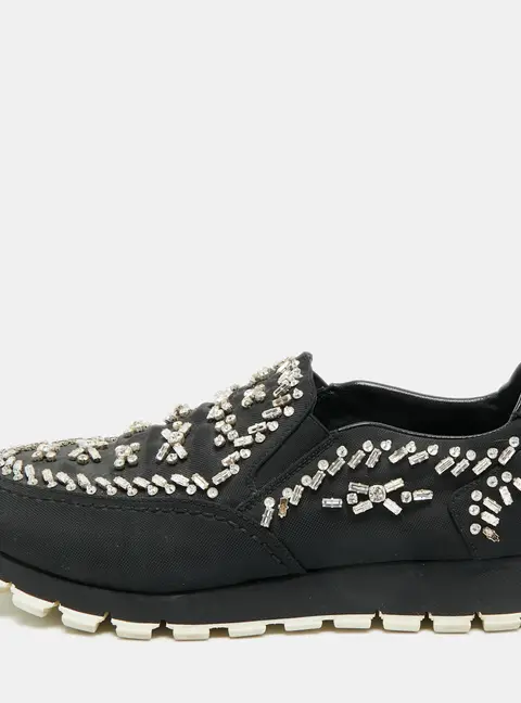 Prada Size 38.5 Black Canvas Crystal Embellished Slip On Sneakers