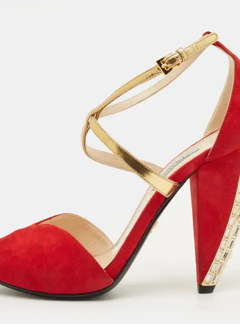 Prada Vinho Size 38 Red/Gold Leather and Suede Ankle Strap Sandals