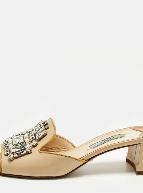Prada Saffiano Size 35 Beige Patent Leather Crystal Embellished Block Heel Slide Sandals
