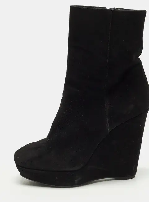 Prada Size 38 Black Suede Wedge Ankle Length Boots